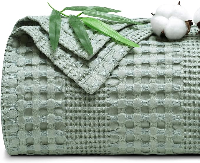 PHF Cooling Waffle Blanket King Size, Lightweight 60% Rayon Derived from Bamboo & 40% Cotton Breathable Blanket for Hot Sleepers, Soft and Luxury for Bed Couch and Sofa, 104"x90", Sage Green