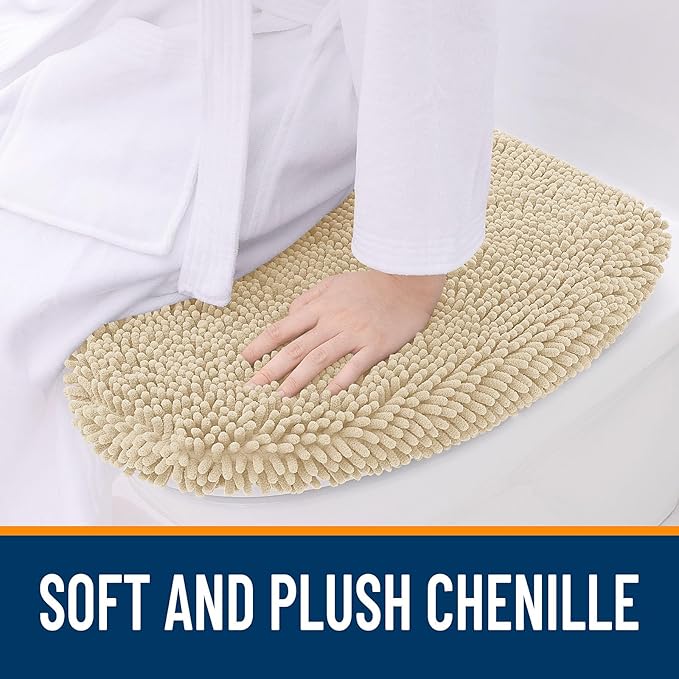 OLANLY Soft Chenille Bathroom Toilet Lid Cover, Machine Washable Seat Covers, 17.5x15, Stays in Place Rubber Backing, Fits Most Round, Elongated and Oblong Lids, Accessories Decor, Beige
