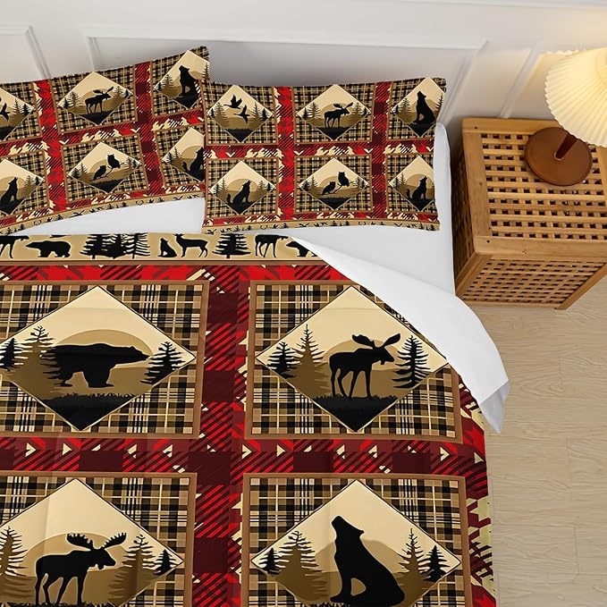 Red and Black Plaid Comforter Set King，King Size Bedding Set Animal Print，Rustic Farmhouse Quilt Bedding Sets King，Animal Print Bedroom Decor，with 1 Comforter with 2 Pillow Case