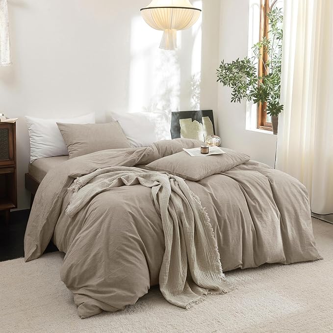 FOSSA Duvet Cover Set 100% Washed Cotton Linen Feel Super Soft Breathable Cozy 3 Pieces Bedding Sets Solid Tannish Linen Grey Queen