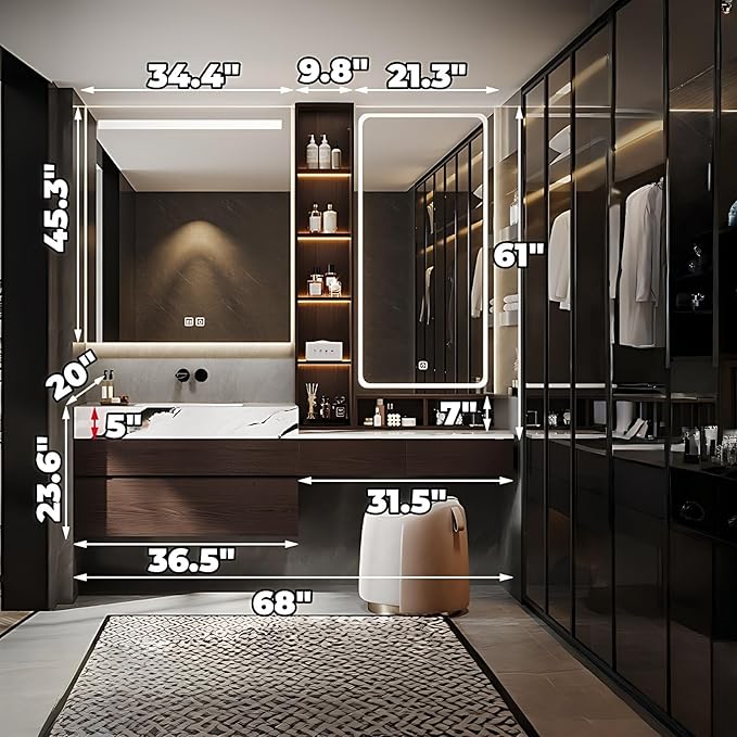 Bathroom Vanity with Sink - Luxury Bathroom Sink Cabinet, Floating Vanity with Smart Defogging Mirror & Storage Drawer, Multi-Layer Solid Wood Panel - Complete Accessories (68")
