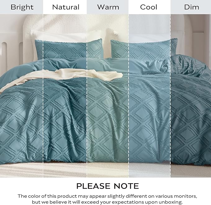 JELLYMONI Duvet Cover Queen Size Grayish Blue - 3PCS Boho Duvet Cover Set Plaid Polyester Tufted Bohemian Jacquard Knit Textured Comforter Cover 90×90in Rhombic Geometric Pattern Zipper Corner Tie