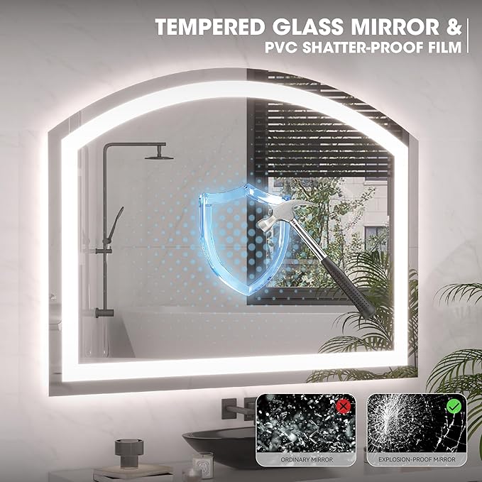 Hasipu 40x36 Inch LED Bathroom Mirror Arch Vanity Mirror with Lights Frontlit Smart Touch Sensor Dimmable 3 Colors Temperature Shatterproof Wall-Mounted Vanity Mirror Metal Frame