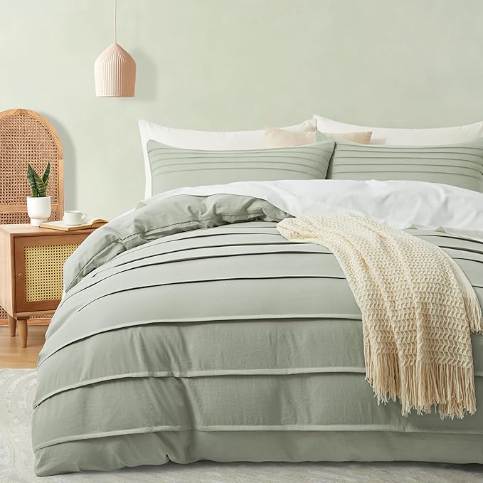 Oli Anderson Mist Sage Duvet Cover King Size - Pleated King Duvet Cover, 3PCS Soft and Breathable Textured Bedding Set with Zipper Closure(Mist Sage,104"x90")