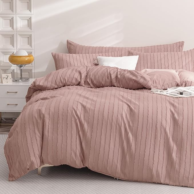 JELLYMONI Duvet Cover King Size Smokey Pink - 3PCS Boho Striped Duvet Cover Set Polyester Tufted Bohemian Textured Comforter Cover 104×90in with Corner Ties & Zipper and 2 Pillowcases