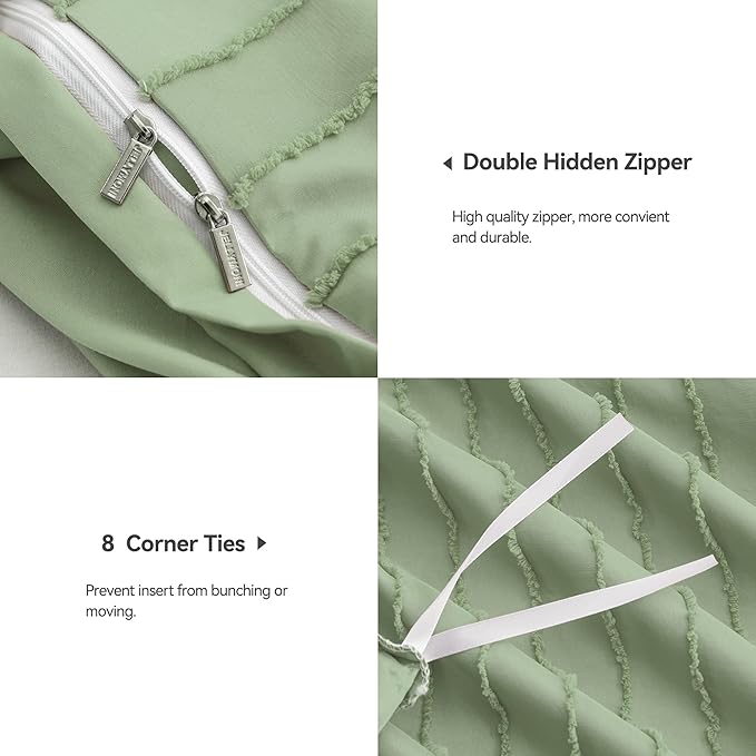 JELLYMONI Duvet Cover King Size Light Green - 3PCS Boho Striped Duvet Cover Set Polyester Tufted Bohemian Textured Comforter Cover 104×90in with Corner Ties & Zipper and 2 Pillowcases