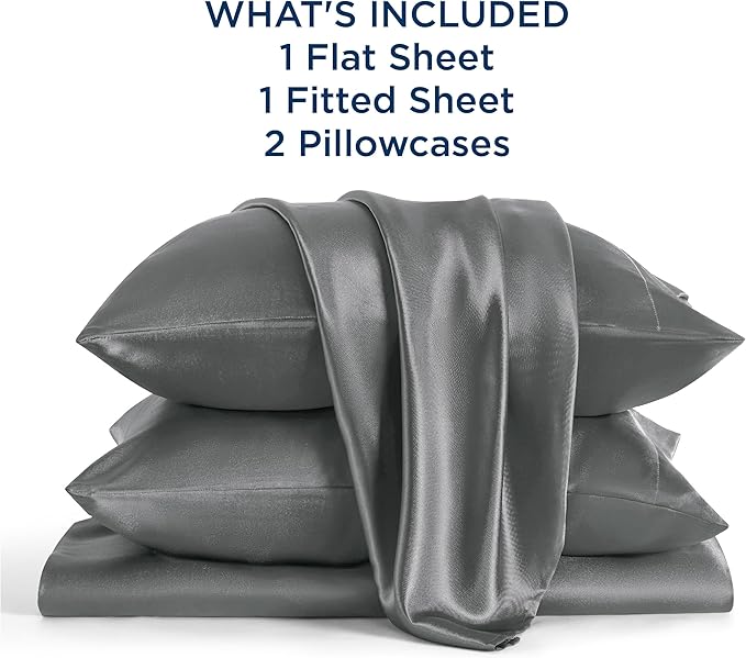 Bedsure Satin Sheets Full Size - 4 Piece Silky Bedsheets with 15 Inches Deep Pocket Fitted Bedsheet,1 Flat Sheet, 2 Satin Pillowcases, Good for Hair & Skin (Full, Dark Grey)