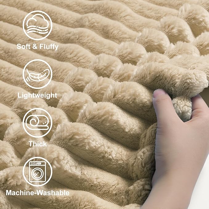 decorUhome Christmas Soft Fleece Light Brown Throw Blanket for Couch, Cozy Fluffy Plush Flannel Striped Blanket for Sofa Bed, Lightweight Decorative Ribbed Fuzzy Blanket for Woman, 50x60 Inches