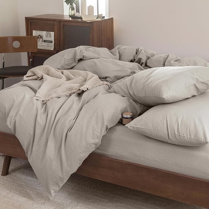 FOSSA Duvet Cover Set 100% Washed Cotton Linen Feel Super Soft Breathable Cozy 3 Pieces Bedding Sets Solid Cream Grey Full/Double