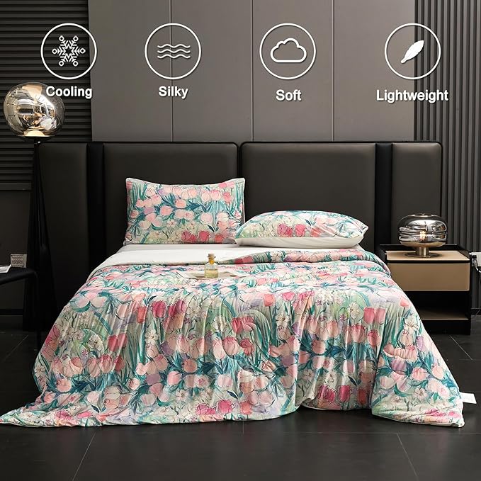 Cyusri Floral Print Cooling Comforter Set 3Pcs Breathable Cool Queen Size Bedding Set with 2 Pillowcases Pink Tulip Pattern Silky Cold Quilt, 90"x90"