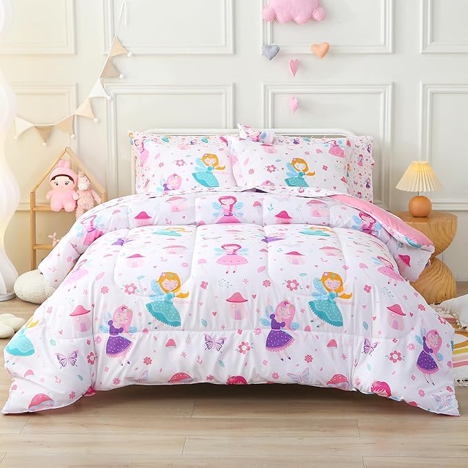 Viviland Kids Full Bedding Sets for Girls, Soft Full Comforter Set with Sheets, 7 Pieces Microfiber Bed in a Bag, Fairy Mushroom