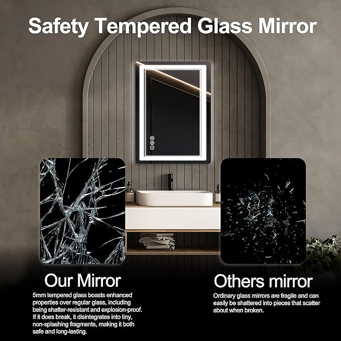 20x 28 LED Bathroom Mirror with Lights, Anti-Fog, Dimmable, Backlit + Front Lit, Memory Function, Lighted Bathroom Vanity Mirror for Wall(Horizontal/Vertical).