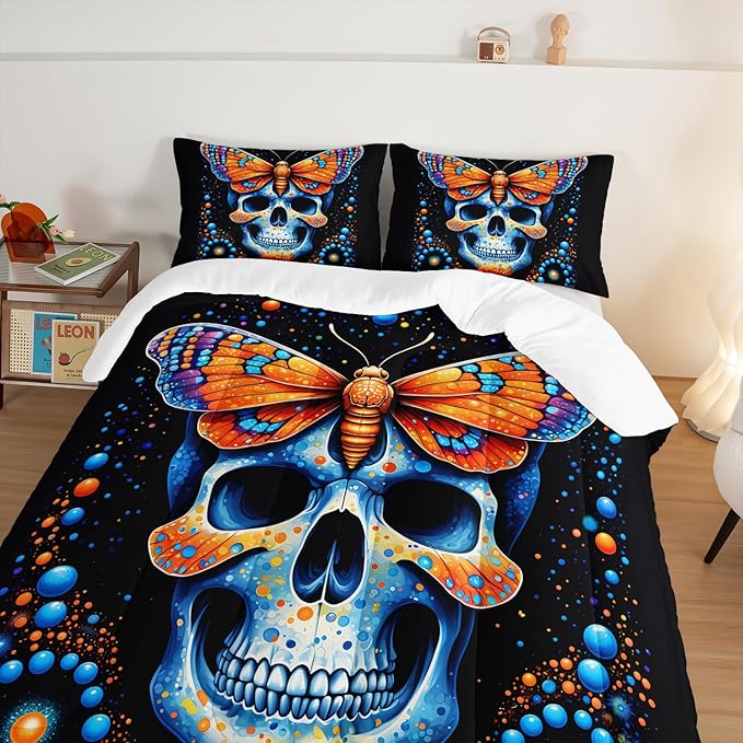 Gothic Skull Comforter Set Full Size - Blue Orange Granular Ball Butterfly Printed Bedding With 2 Pillowcases - Halloween Horror Themed for Kids