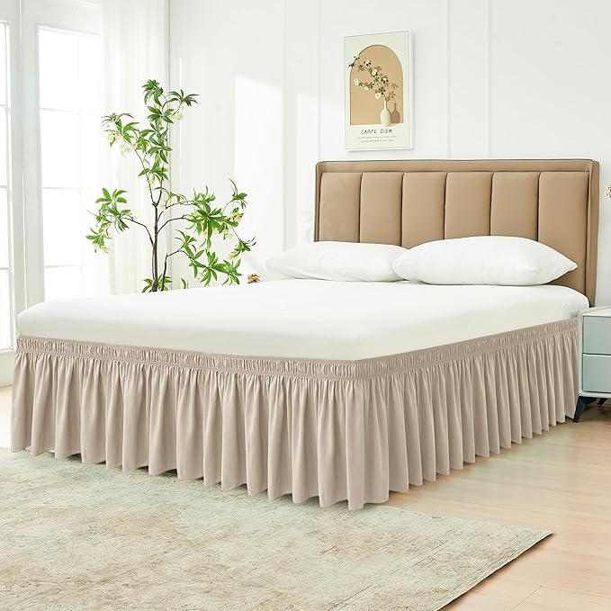 Biscaynebay Wrap Around Bed Skirts for Full & Full XL Beds 14" Drop, Light Camel Adjustable Elastic Dust Ruffles Easy Fit Wrinkle & Fade Resistant Silky Luxurious Fabric Solid Machine Washable