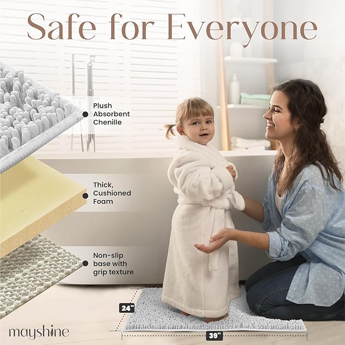 MAYSHINE Plush Shaggy Chenille Bath Mat | Extra Soft, Super Absorbent, Non-Slip Bathroom Rug | Fluffy Microfiber, Area Rug Sets for Bathroom Floor, Kitchen, Living Room | 39"x24" | White