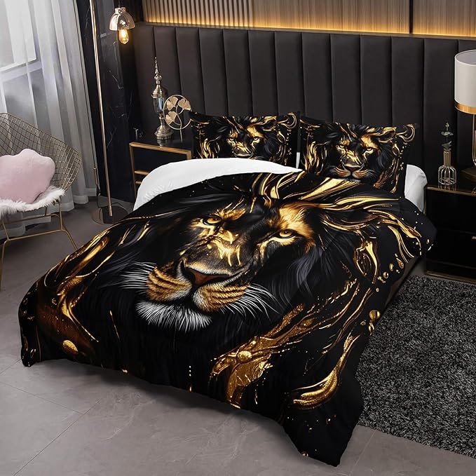 Black & Gold King Comforter Set Lion，Animal Print King Size Bedding，with 1 Comforter with 2 Pillow Case，Lion Themed Bedroom Decor for Boy Kids