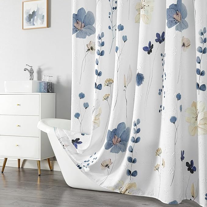 QiyI Watercolor Floral Shower Curtain, 3D Embossed Butterflies Grey Beige Flower Bathroom Curtains, Minimalist White Cloth Bath Curtain, Waterproof Fabric Textured Shower Curtain Set with Hooks, 72x72