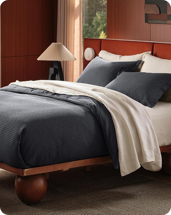 Bedsure Cotton Duvet Cover Set - 100% Cotton Waffle Weave Charcoal Duvet Cover California King Size, GentleSoft™ and Breathable Cal King Bedding Set for All Season, 3 Pieces, 104"x98"