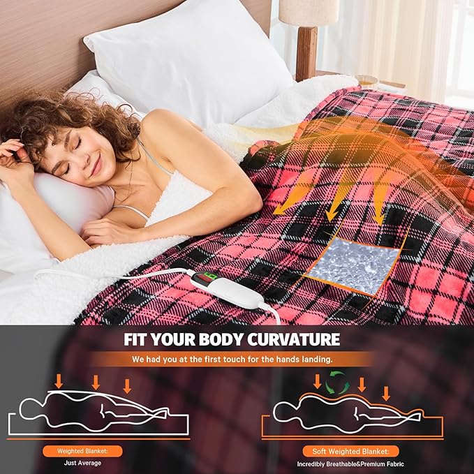 Pink Heated Weighted Blanket for Adults Throw/Twin Size 13Lbs, 50"x60", 2-in-1 Electric Heating Pad Lap Heavy Blanket for 120-140lbs, 10 Heat Level 1-8H Auto-Off, Birthday Gifts for Women Mom Girls