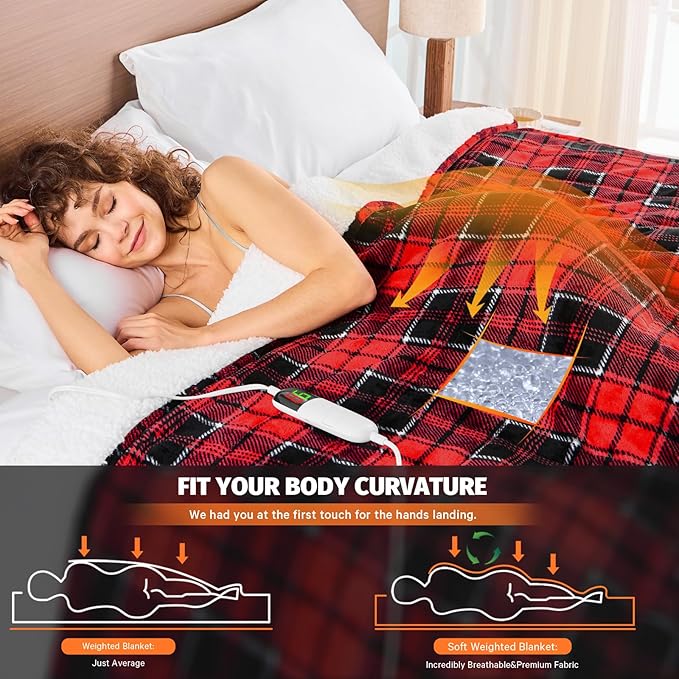 Red Heated Weighted Blanket for Adults 20Lbs Queen Size 60"x80", 2-in-1 Electric Heating Pad Lap Heavy Blanket for 190-210 lbs for Couch, 10 Level 1-8H Auto Off, Christmas Birthday Gifts for Women Mom