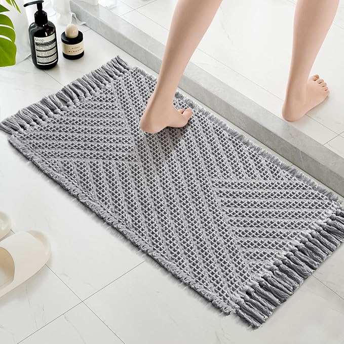 H.VERSAILTEX Waffle Bath Mat Super Absorbent Boho Bath Mat Non Slip Bath Rugs for Bathroom Floor Machine Washable Dry Fast Bathroom Rugs with Tassels, 17" x 24", Dove