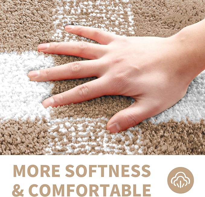 CozeCube Bath mats for Bathroom Non Slip, Fluffy Absorbent Microfiber Bath mat Washable, Aesthetic Bathroom Rugs, Long Beige Checkered Bath mat, Beige, 47" x 24"