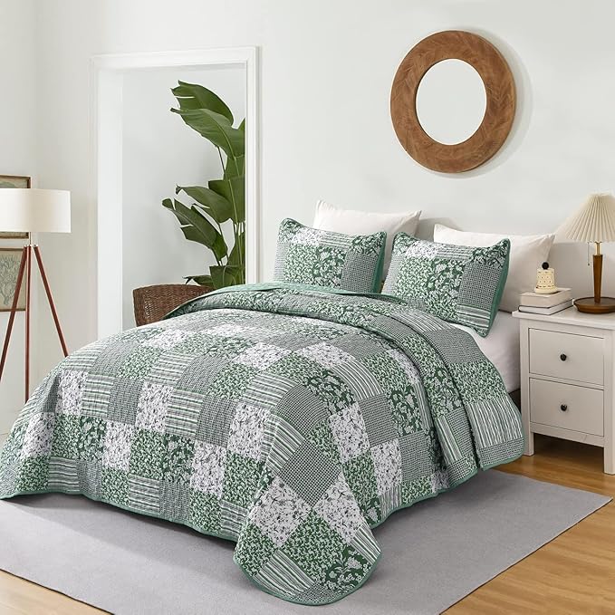 Mybedsoul Green Quilt Set Full Size, 3 Pieces Plaid Floral Bedspread Set Patchwork Reversible Bedding Set Microfiber Lightweight Bedspread Coverlet Set for All Season 78"x90"