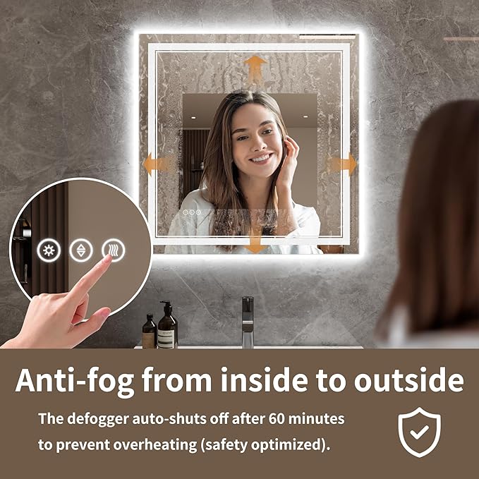 Bathroom Mirror with Lights 36"X36" with Front Light and Backlit, Tempered Glass, Wall Mount Horizontal/Vertical, Stepless Dimmable, 3 Colors, Anti Fog, Bathroom Memory LED Mirror