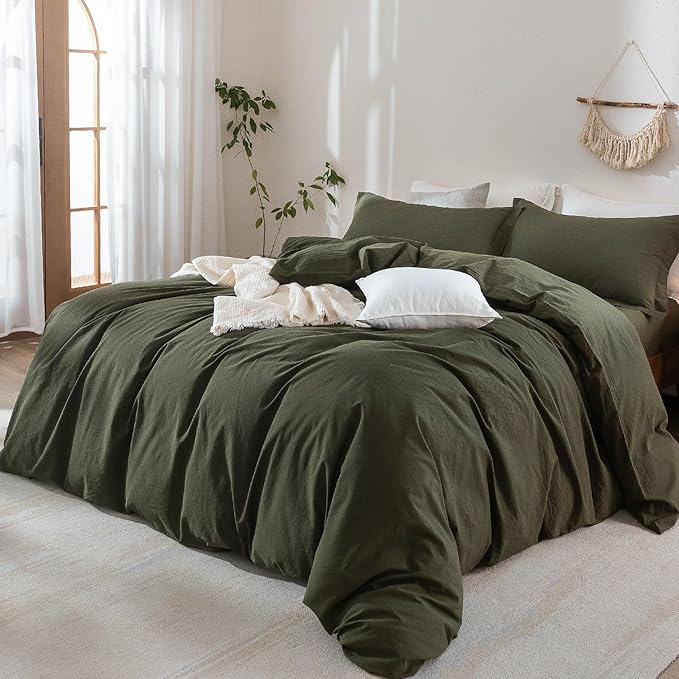 Olive Green Duvet Cover California King Size, 100% Washed Cotton Bedding Set Cover 1 Duvet Cover 104inch x 98inch with Zipper Closure and 2 Pillowcases, Olive Green