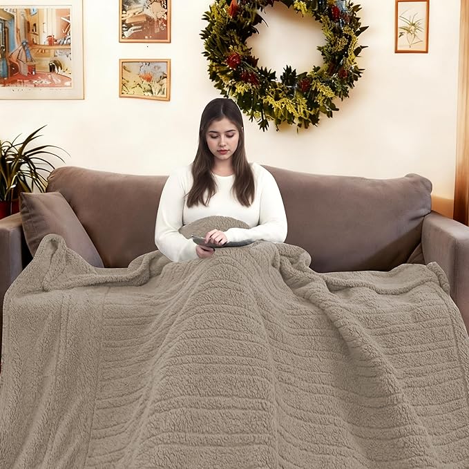 Electric Heated Blanket 6 Heating Settings & 1-10H Auto Off Twin 62×84 Double Sided Plush Sherpa Ultra-Soft Warm Thick, Machine Washable, Fast Heating, Home Office Brown