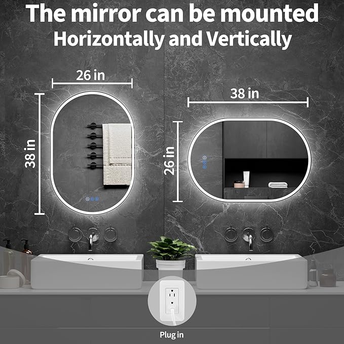 Bathroom Mirror 26"x38" LED Bathroom Mirror with Lights, Anti-Fog, Dimmable Oval Mirrors with Front Light and Backlit, Modern Farmhouse Wall Mounted Mirror for Decorative