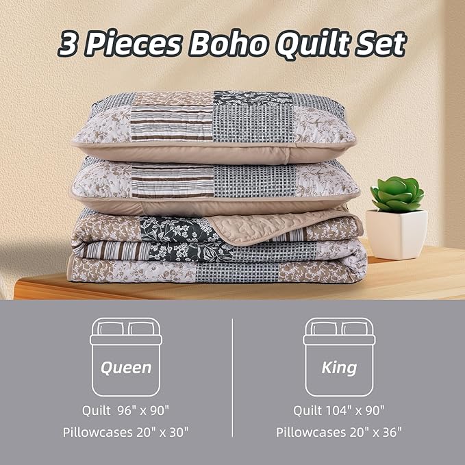 Mybedsoul Patchwork Quilt Set King Size, 3 Pieces Blue Brown Floral Plaid Bedspread Coverlet Set, Reversible Soft Microfiber Bedding Set for All Season, Fall Winter King 90"x104"