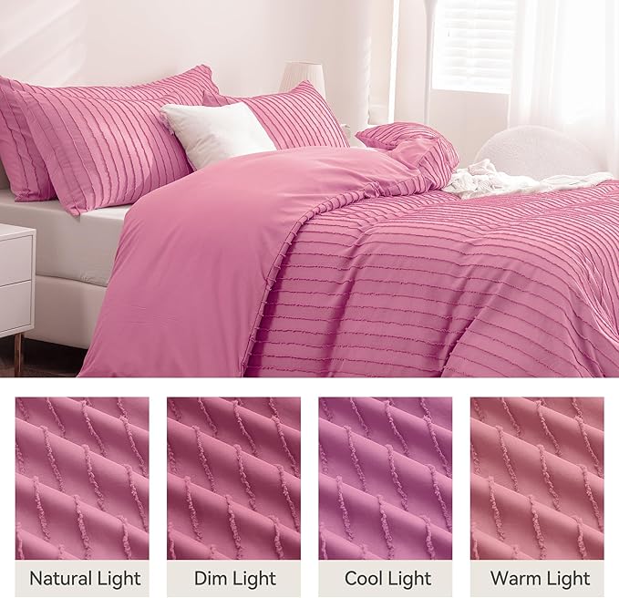 JELLYMONI Duvet Cover Queen Size Bright Pink - 3PCS Boho Striped Duvet Cover Set Polyester Tufted Bohemian Textured Comforter Cover with Corner Ties & Zipper Closure