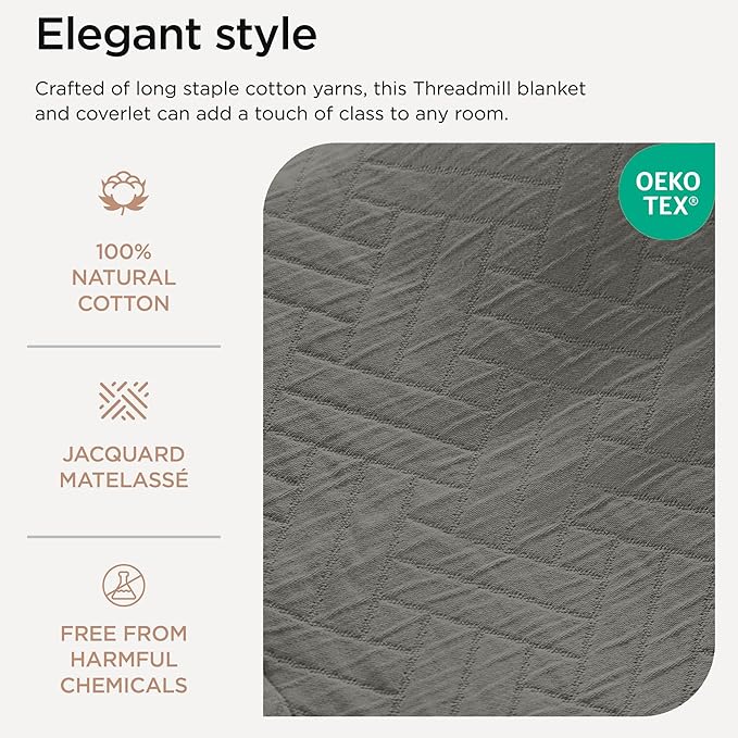 Threadmill Luxury Cotton Blankets for King Size Bed | All-Season Cozy 100% Cotton King Blanket | Criss Cross Jacquard Soft & Lightweight Coverlet fits California King Size Bed, 104x92 | Dark Grey