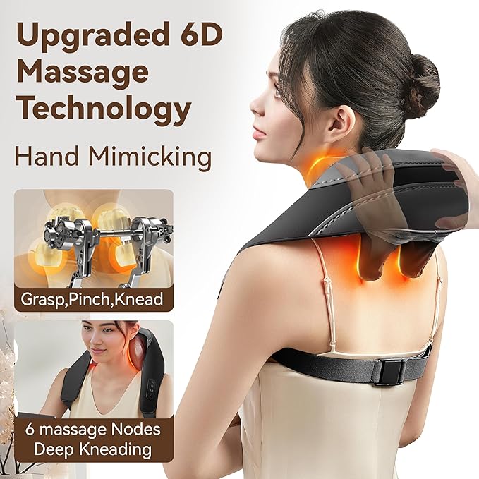 Shiatsu Neck and Shoulder Massager with Heat for Pain Relief Deep Tissue, Portable Massagers for Neck and Back, Gifts for Men and Woman (Black with Leather Handbag)