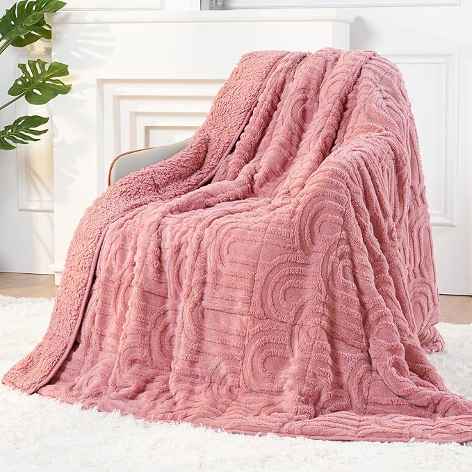 Sherpa Fleece Adult Weighted Blanket Great for Sleep, 15 lbs Dual Sided Soft Fuzzy Heavy Blankets for Couch Bed Sofa, Cozy Warm Arched Jacquard Throw for Winter (Apricot Pink, 60" x 80", 15 Pounds)