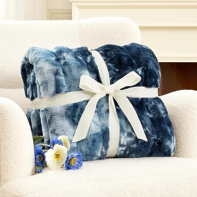 Cozy Bliss Faux Fur Throw Blanket for Couch, Fuzzy Soft Plush Thick Striped Blanket for Sofa Bedroom Living Room, 60 * 80 Inches Tie-dye Blue