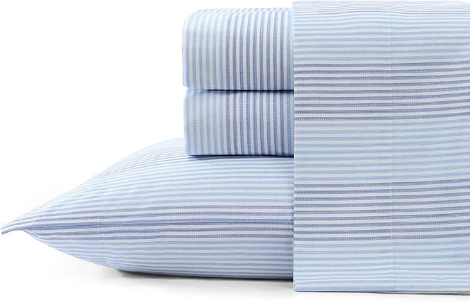 Tommy Bahama - King Sheets, Super Soft Cotton Percale Bedding Set with Matching Pillowcases, Crisp & Cool, Coastal Room Essentials (Weekend Stripe Blue, King)