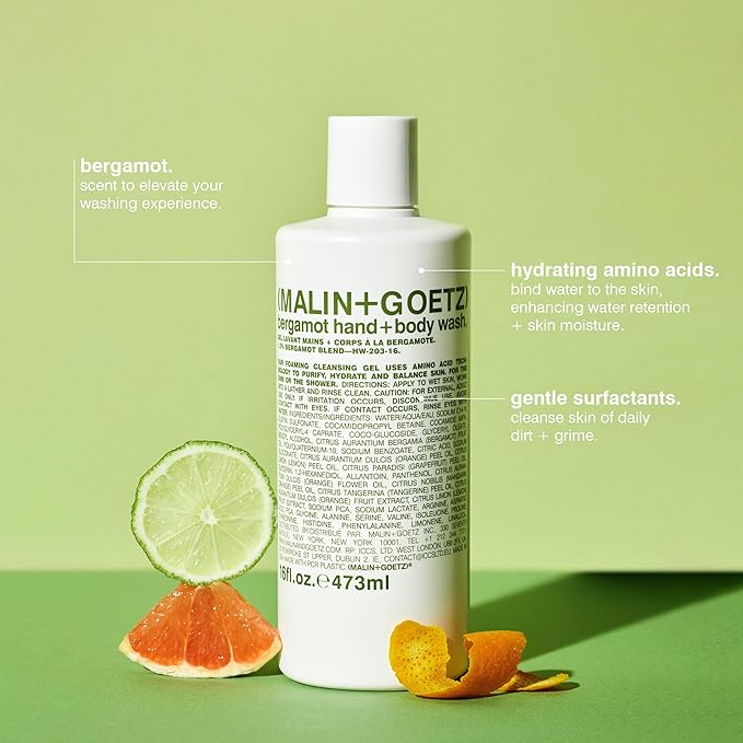MALIN+GOETZ Hand + Body Wash | Gentle Foaming Cleanser with Botanical Extracts and Amino Acids | Hydrating, pH-Balanced, Unisex Scent | Vegan & Cruelty-Free (Bergamot, 16 Fl Oz)