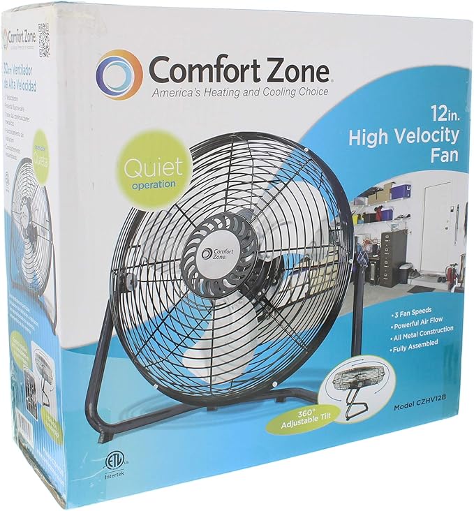 Comfort Zone 12 inch Cradle Fan, 3 Speed Floor or Table Fan with180 Degree Tilt, Metal Construction and Aluminum Blades, Carry Handle, Rubber Feet, Ideal for Bedroom, Workshop, or Garage, Black