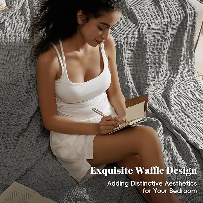 PHF 100% Cotton Waffle Weave Blanket King Size for Bed, Soft Lightweight & Breathable, All-Season Comfort, Luxury Aesthetic Woven Bedding for Home Decor, 108"x90", Dark Grey