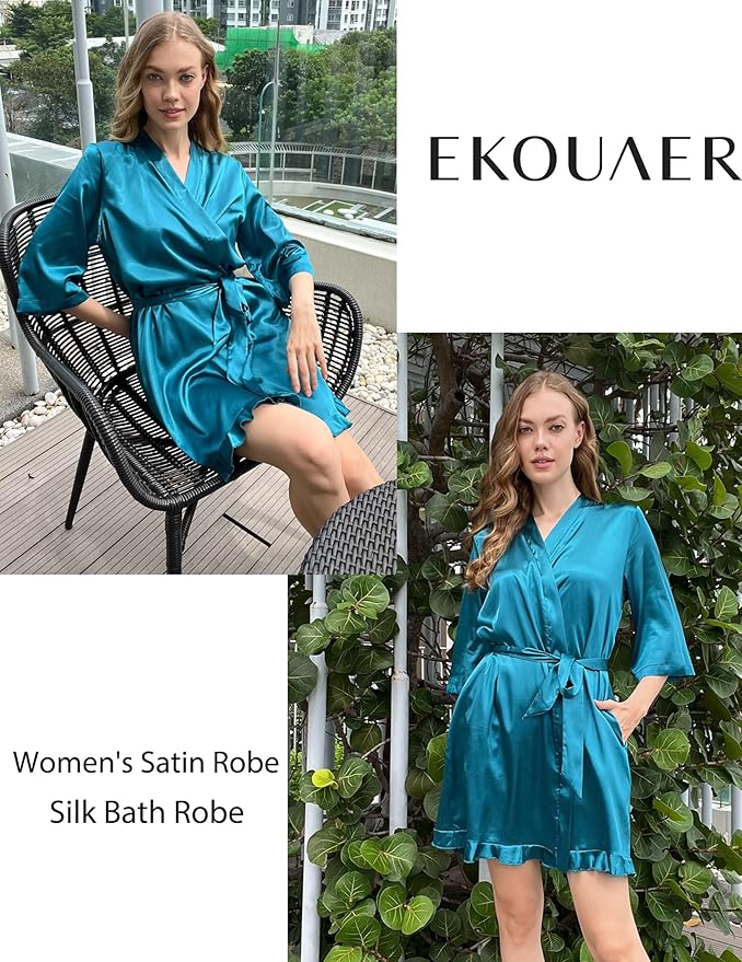 Ekouaer Women's Satin Robes Silk Kimono Bath Robe Short Ruffled Hem Bride Bridesmaid Sleepwear with Pockets