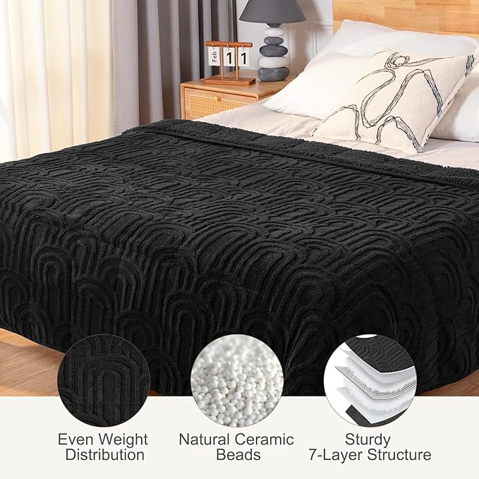 Sherpa Fleece Adult Weighted Blanket Great for Sleep, 15 lbs Dual Sided Soft Fuzzy Heavy Blankets for Couch Bed Sofa, Cozy Warm Fluffy Arched Jacquard Throw for Winter (Black, 60" x 80", 15 Pounds)