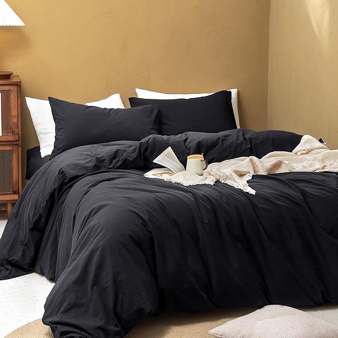 FOSSA Duvet Cover Set 100% Washed Cotton Linen Feel Super Soft Breathable Cozy 3 Pieces Bedding Sets Solid Black Super King Plus