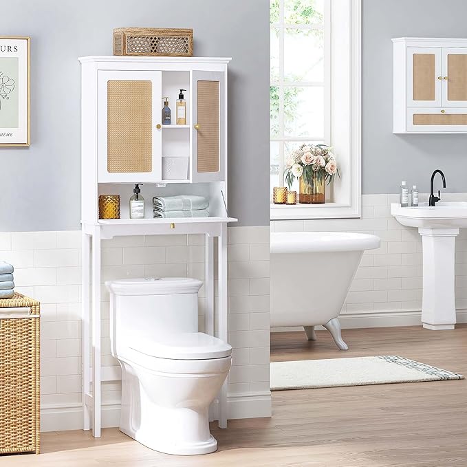 Spirich Over The Toilet Storage Cabinet with Rattan Doors, Over Toilet Bathroom Organizer with Tilt-Out Cube and Adjustable Shelf