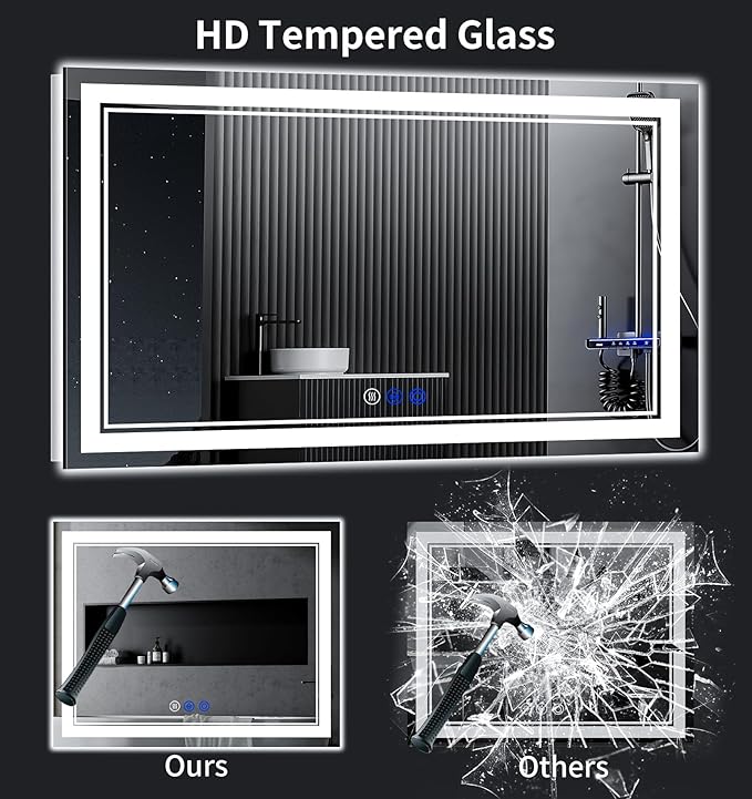 72"x36" LED Bathroom Mirror with Anti-Fog, Stepless Dimmable Lights, 3 Color Modes, Shatter-Proof Tempered Glass, Memory Function & Waterproof Design