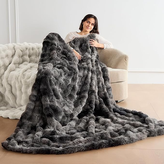 Fluffy Blanket - Soft Luxury Faux Rabbit Fur Throw - Cozy Fuzzy Plush Bubble Blanket, Warm & Decorative - Queen Size 90''x90'', Tie-Dyed Dark Grey