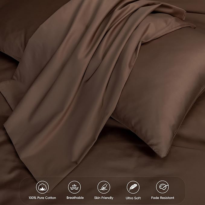 MooMee Duvet Cover Set 100% Extra Long Staple Cotton 600 Thread Count Silky Sateen Smooth Luxury Soft Breathable Durable Hotel Quality Bedding, 2 Pieces (Chocolate Brown,Twin 68"x90")