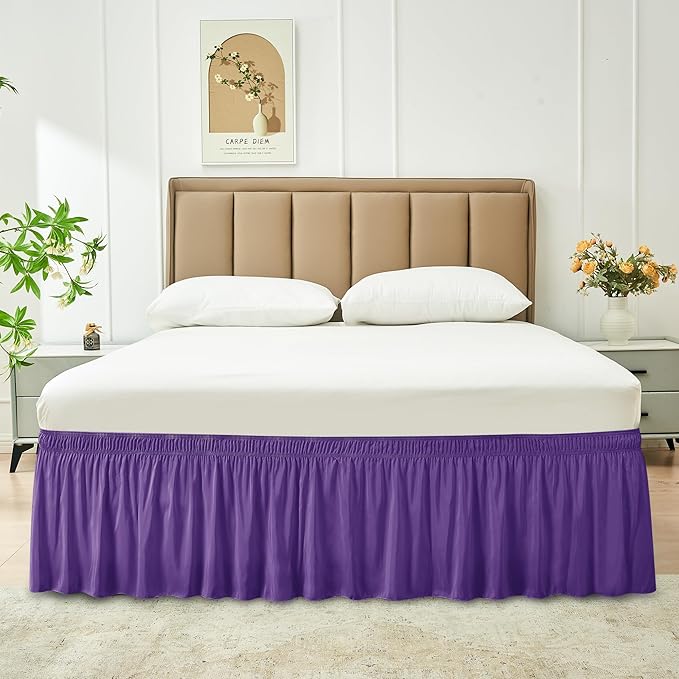 Biscaynebay Wrap Around Bed Skirts for King & Cal King Beds 15" Drop, Purple Adjustable Elastic Dust Ruffles Easy Fit Wrinkle & Fade Resistant Silky Luxurious Fabric Machine Washable