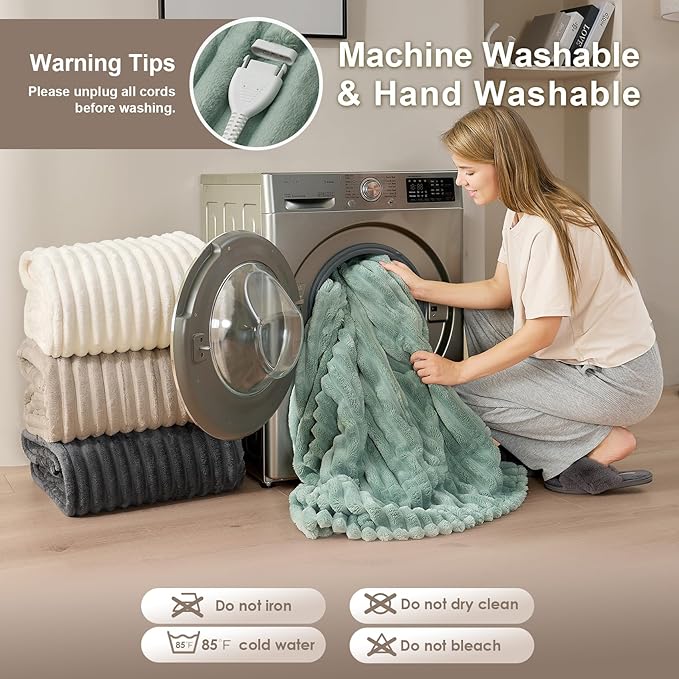 Hansleep Heated Blanket Queen Size Electric Throw Dual Control, Heating Blanket with 9 Heating Levels and 10-Hour Timer Auto Shut Off, Washable Soft Warm Winter Blanket, 80 x 90 Inches, Green